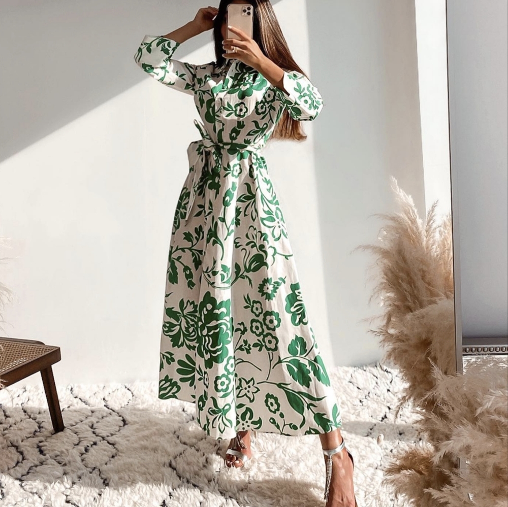 ZARA NWT FLORAL PRINT SHIRT DRESS GREEN WHITE